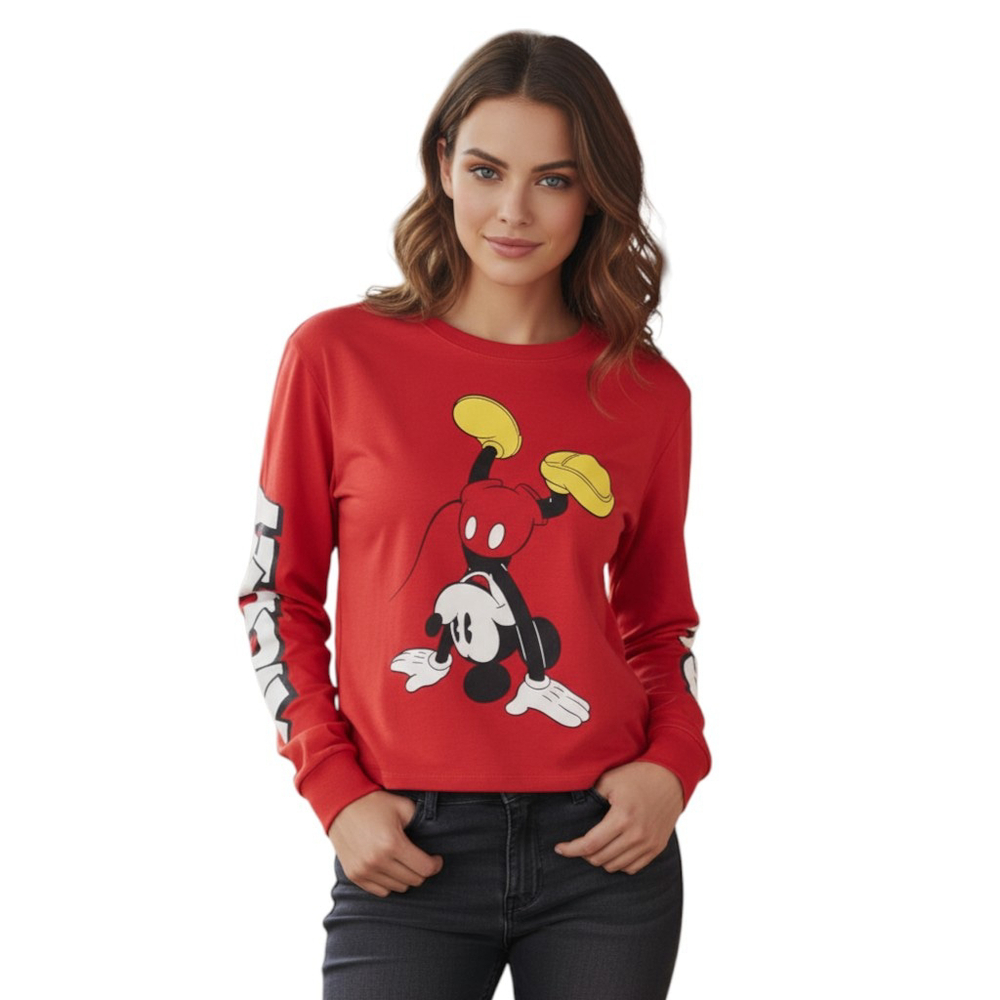 Disney Mickey Mouse Long Sleeve Top Womens M Red Resortwear Casual Graphic Tee